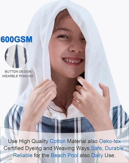 VOOVA & MOVAS Hooded Beach Towels for Boys| Girls | Teens (8-16Years), 100% Cotton Thick Poncho Towel Robe for Kids, Perfect for Pool, Beach, Bath and Gifts, Grey Cabana Stripe Design