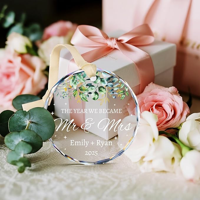 First Christmas Married Ornament 2025 - Personalized Wedding Gifts for Couples - Mr and Mrs Crystal Christmas Tree Ornaments - Bridal Shower Gifts for Newlywed, Bride, Her, Just Married
