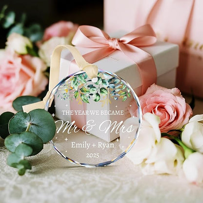 First Christmas Married Ornament 2025 - Personalized Wedding Gifts for Couples - Mr and Mrs Crystal Christmas Tree Ornaments - Bridal Shower Gifts for Newlywed, Bride, Her, Just Married