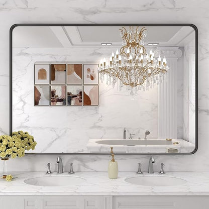 LOAAO 48X30 Inch Black Metal Framed Bathroom Mirror for Wall, Matte Black Bathroom Vanity Mirror Farmhouse, Large Rounded Rectangle Mirror, Anti-Rust, Tempered Glass, Hangs Horizontally or Vertically