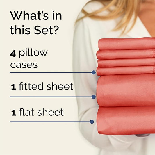 CGK Linens Cal King 6 Piece Sheet Set - Cooling Sheets for Hot Sleepers - Hotel Luxury Bedding Set with 8-16 Inch Deep Pockets - 1 Flat & 1 Fitted & 4 Pillowcases - Ultra Soft & Wrinkle Free - Coral