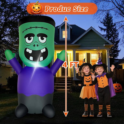Halloween Inflatables Blow-Up Decorations Outdoor - 4 FT Green Monster Halloween Blow up Yard Decorations Cute Ghost with LED Build-in for Garden Lawn Indoor Party Decor