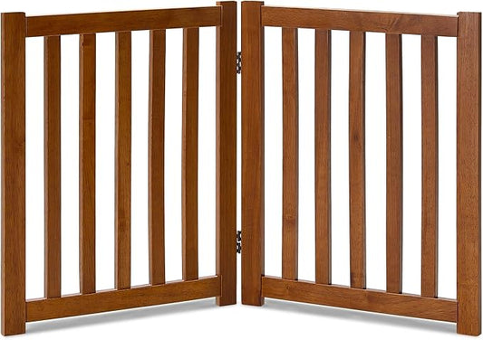 LZRS 2-Panel Wooden Free Standing Foldable Dog Gate – Solid Hardwood 24" High, Step-Over Safety Pet Gate for Doorways, Stairs & Small Spaces - Indoor Use, Oak
