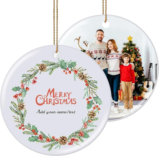 Personalized Christmas Ornaments 2025, Double-Side Custom Christmas Ornament, Round Ceramic Photo Ornament Christmas Tree Decorations for Kids, Mom, Dad, Family, Loved One