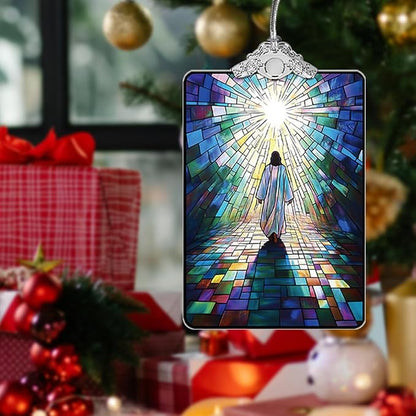 Jesus Walking to Light Stained Glass Ornament, Religious Christmas Tree Hanging Decoration for Gift Exchange or Stocking Stuffer, 3.8 x 2.4 Inch