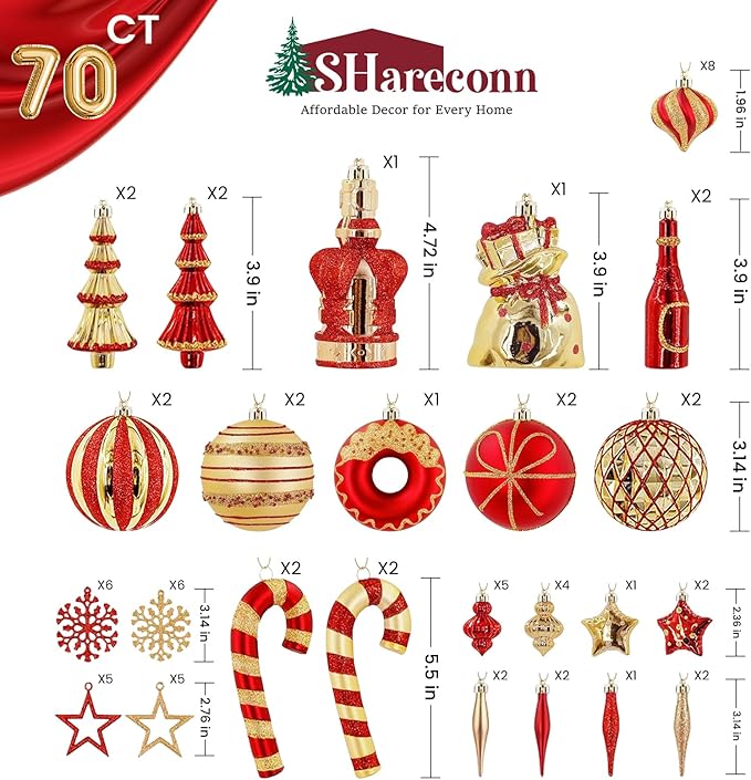 SHareconn 70pcs 2025 Classic Christmas Balls Ornaments Set, Shatterproof Plastic Baubles, Ribbon and Tree Topper for Xmas Tree Holiday Wedding Party Decorations with Hanging Strings, Red and Gold
