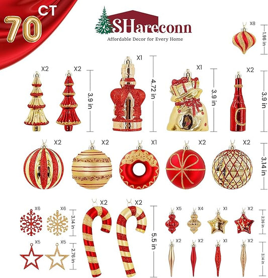 SHareconn 70pcs 2025 Classic Christmas Balls Ornaments Set, Shatterproof Plastic Baubles, Ribbon and Tree Topper for Xmas Tree Holiday Wedding Party Decorations with Hanging Strings, Red and Gold