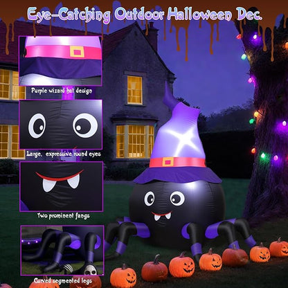 5FT Halloween Inflatable Spider with Witch Hat Outdoor Decoration, Blow Up Yard Inflatable Decorations with Built-in LED Lights for Garden/Lawn/Holiday/Home Party Decor