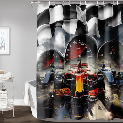 AILONEN Racing Car Shower Curtains,Checkered Speed Car Bath Curtains Gifts for Racer,Polyester Waterproof for Bathroom with 12 Plastic Hooks 72" W*96" H
