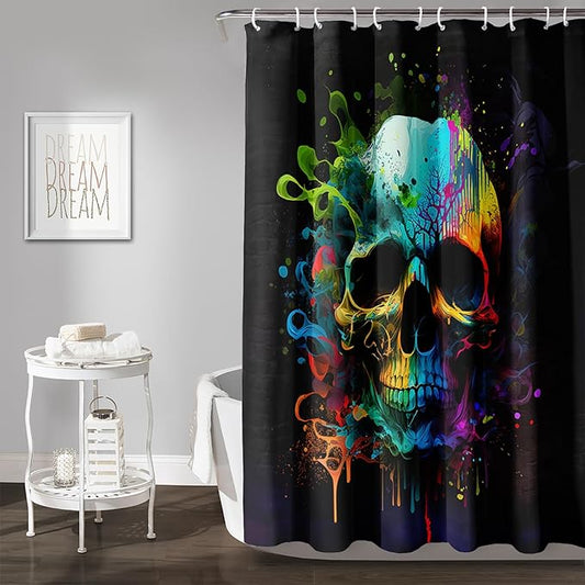 AILONEN Sugar Skull Shower Curtain for Bathroom,Watercolor Skull Bath Curtain Decoration,Minimalism Tie Dye Skeleton Print Waterproof Black Curtain with 12 Plastic Hooks, 72" W*78" H