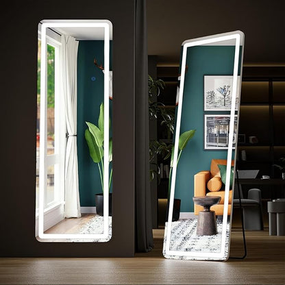 Sweetcrispy 64"x21" Standing Mirror Full Length with LED Lights, Lighted Floor Mirror with Stand, Wall Mounted Aluminum Alloy Thin Frame, Classical White