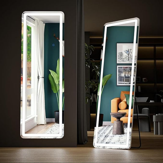 Sweetcrispy 64"x21" Standing Mirror Full Length with LED Lights, Lighted Floor Mirror with Stand, Wall Mounted Aluminum Alloy Thin Frame, Classical White