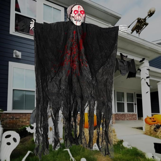 Halloween Decorations Outdoor and Indoor,67" Scary Hanging Ghosts,Halloween Grim Reaper Skeleton with Light-Up Eyes and Creepy Sound,Party Decorations for Yard,Haunted House Decor