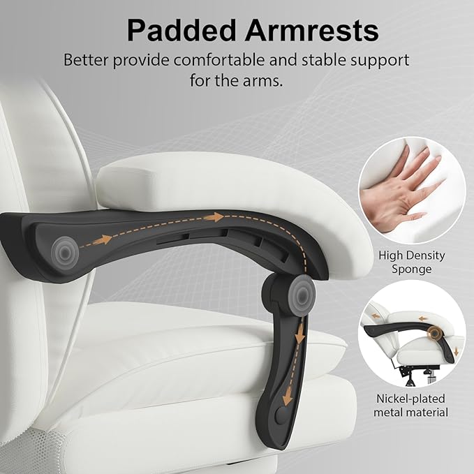 Big and Tall Office Chair, Ergonomic Leather High Back Executive Computer Chair with Retractable Footrest, Adjustable Headrest, Padded Arms, 360°Swivel Free, 90-135°Reclining, 500lbs Wide Seat, White