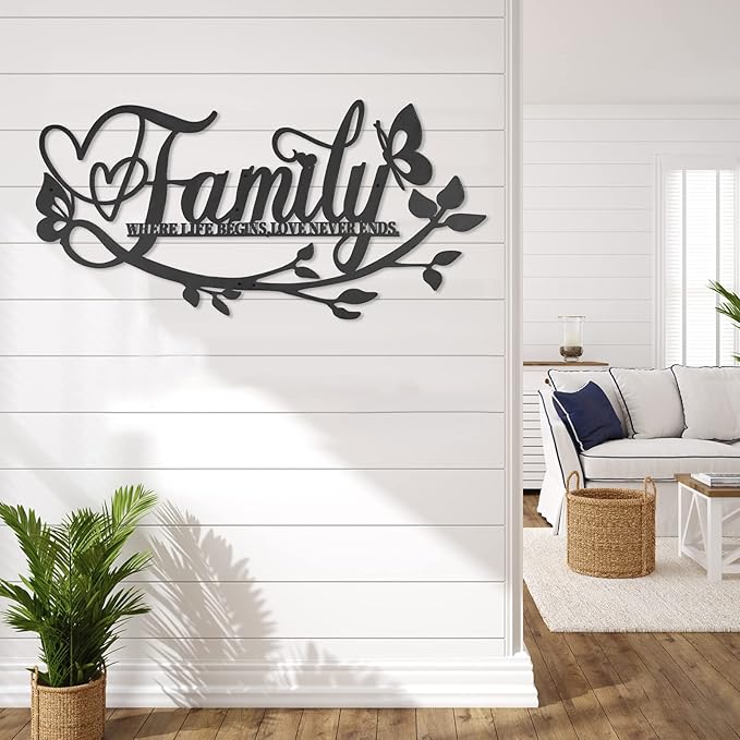 Family Where Life Begins Love Never Ends Word Sign Metal Wall Decor, 27x14in Large Black Iron Wall Art Plaque Decorations, Letters Quotes Wall Hanging Décor for Living Room Bedroom