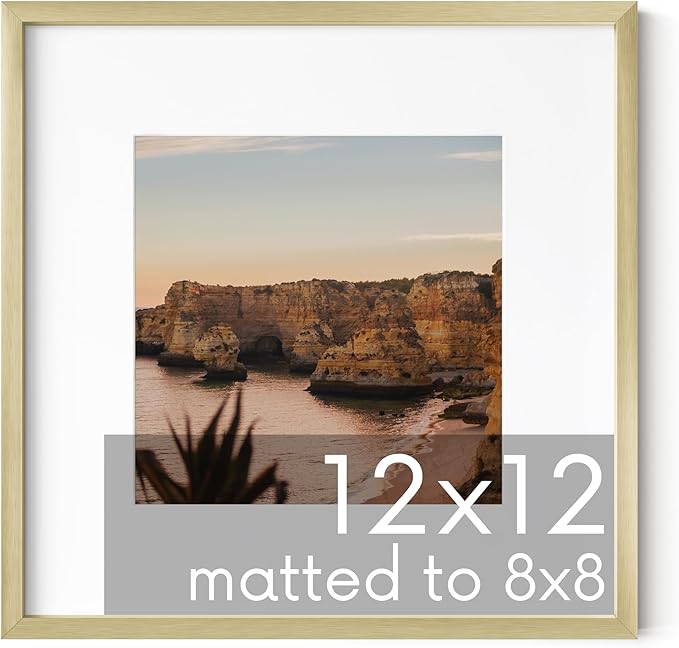 HAUS AND HUES 12x12 Gold Metal Picture Frame Matted to 8x8 - Features Premium Aluminum & Hanging Hardware, Shatterproof Plexiglass - Ideal for Home, Room, Office (12x12 in, Gold, Set of 1)