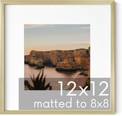 HAUS AND HUES 12x12 Gold Metal Picture Frame Matted to 8x8 - Features Premium Aluminum & Hanging Hardware, Shatterproof Plexiglass - Ideal for Home, Room, Office (12x12 in, Gold, Set of 1)