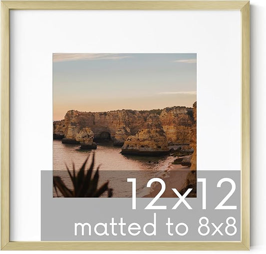 HAUS AND HUES 12x12 Gold Metal Picture Frame Matted to 8x8 - Features Premium Aluminum & Hanging Hardware, Shatterproof Plexiglass - Ideal for Home, Room, Office (12x12 in, Gold, Set of 1)