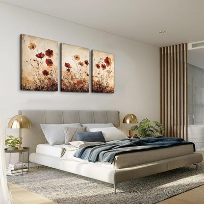 DZRWUBHS Boho Living Room Wall Art Prints Minimalist Wall Decor For Bedroom Vintage Flowers Pictures Office Decorations Bathroom Plant Canvas Painting Modern Home Decor Artwork 3 Piece Ready To Hang