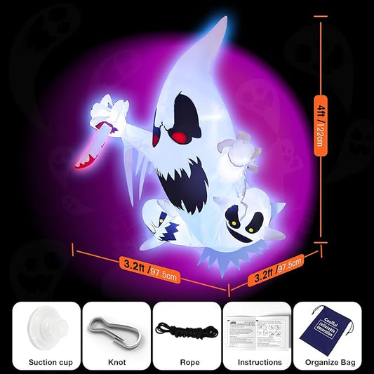 4FT Halloween Inflatable Decoration 3 Ghost Break Through Out From Window, Halloween Inflatable Decor Indoor Outdoor Lawn Yard Decoration, Halloween Build-in RBG LED Lighted Blow Up Decoration
