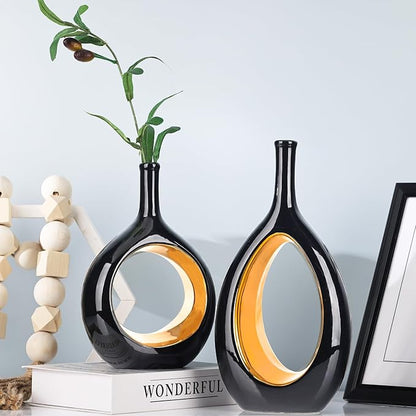 Black Gold Ceramic Vase Set 2,Modern Hollow Circle with Hole Flower Vase for Home Decor,for Table Centerpieces,Farmhouse,Fire Place,Living Room,Bedroom,Office,Bookshelf,Rustic Decor
