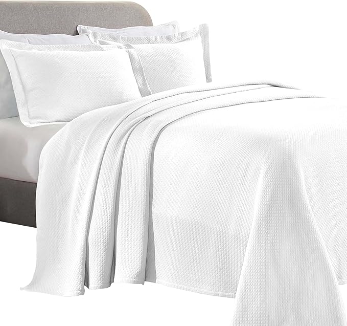 Superior Solitaire Cotton 3 Piece Bedspread Set, Home Bed Decor, Decorative Textured Bed Spread, 2 Pillow Shams, Airy Blanket, Matelasse Coverlet Bedding, All-Season Accent Blanket, King, White