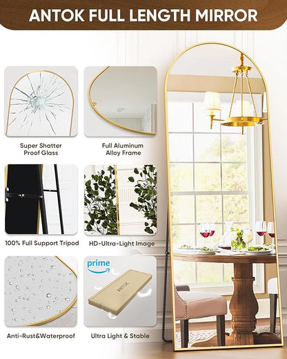 Antok Full Length Mirror, 65"x22" Floor Mirror Freestanding, Full Body Floor Standing Mirror with Stand for Bedroom, Hanging Mounted for Living Room Cloakroom, Gold