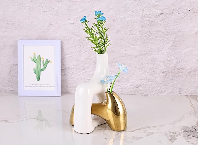 intertwining vase Set Snuggle Hollow Ceramic vase Set of 2 White and Gold vase Modern Boho Home Decor for Neutral Minimalist Vase for Dining Room Table Centerpiece Dining Room,Wedding Table Deco