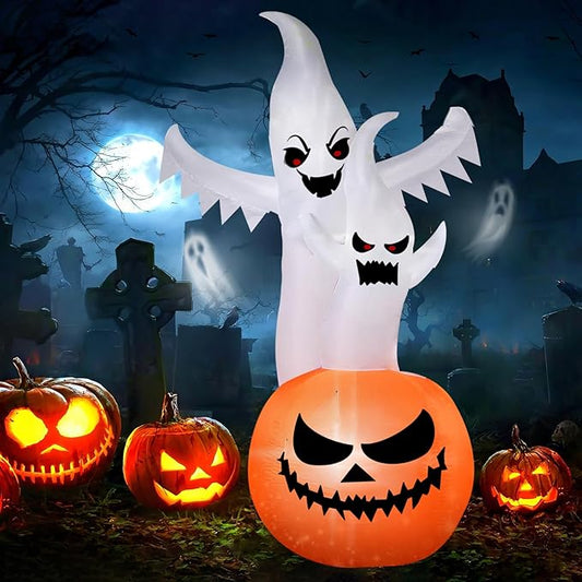 6FT Tall Halloween Inflatable Ghost&Pumpkin Inflatable Decoration with Build-in RGB Lights Blow Up Inflatables for Halloween Party, Yard, Garden, Lawn Decoration