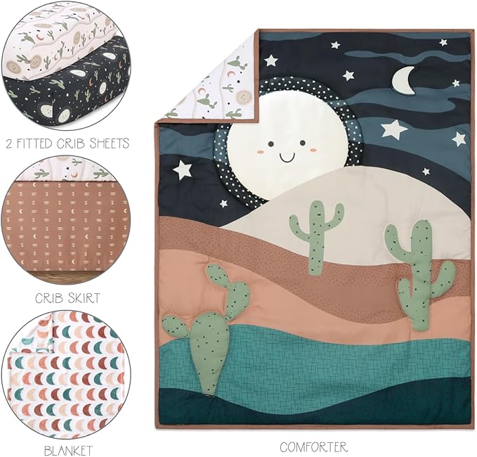 The Peanutshell 5 Piece Baby Crib Bedding Set for Boys & Girls - Newborn, Infant & Toddler Nursery Bed Set Decor with Fitted Crib Sheets, Blanket, Dust Ruffle Comforter - Joshua Tree