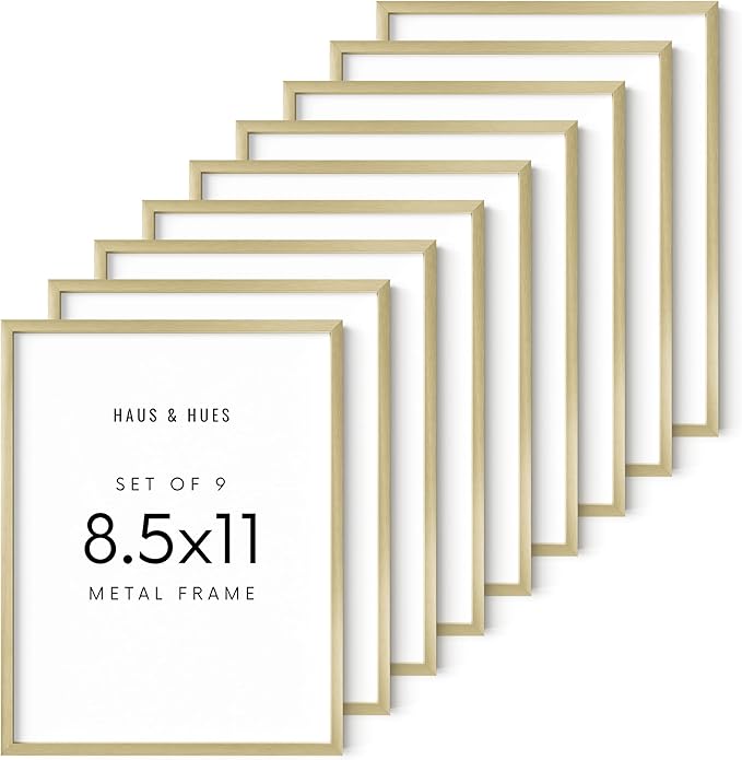 HAUS AND HUES 8.5x11 Gold Metal Picture Frames - Features Premium Aluminum, Vertical & Horizontal Hang, Shatterproof Plexiglass - Perfect for Home, Room, Office (8.5x11 in, Gold, Set of 9)