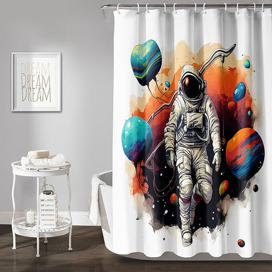 AILONEN Astronaut Shower Curtain for Bathroom,Planet Spaceman Bath Curtain for Kids Boys Teens,Universe Polyester Waterproof with 12 Plastic Hooks 72" W*72" H