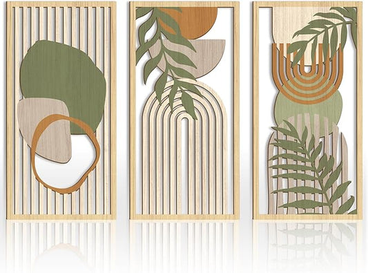 IARTTOP Large Sage Green Abstract Boho Wall Art Set Of 3 Geometric Wood Wall Art Mid Century Modern Artwork Neutral Bohemian Wall Decor for Living Room Bedroom Office-16 x 32 Inch