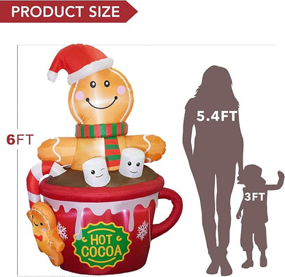 ZPISF 6 FT Christmas Inflatables Outdoor Decorations, Cute Christmas Blow Up Yard Decorations Gingerbread Man in Hot Cocoa Mug Scene for Garden Lawn Xmas Decor