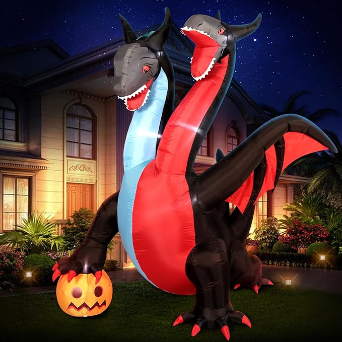 DomKom Halloween Inflatable Blow Up Decorations, 8FT Giant Two-Headed Dragon with Pumpkin, Built-in LEDs for Holiday Party, Garden, Lawn, Yard, Patio Décor
