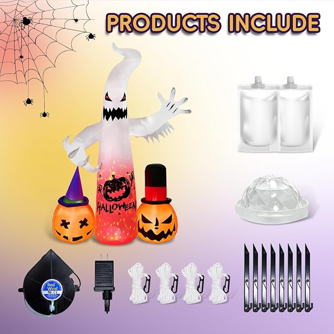 8 Ft Halloween Decoration Outdoor Inflatables, Ghost Ghost and 2 Pumpkin with Built-in LED, Halloween Blow Up Yard Decorations Light, Inflatables Decor for Garden Lawn Party Outside
