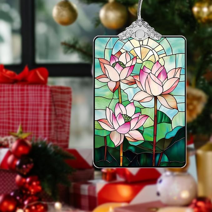 Lotus Flower Stained Glass Ornament, 205 Christmas Tree Hanging Decoration for Zen-Inspired Holiday Decor or Gift Exchange, 3.8 x 2.4 Inch