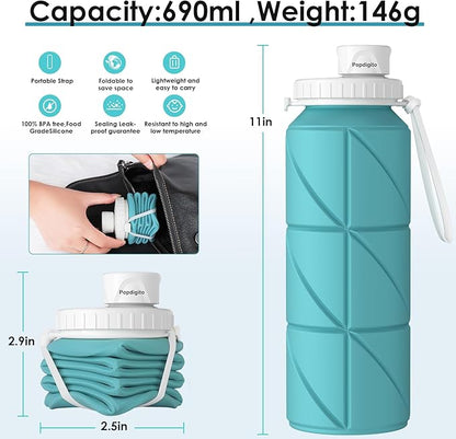 23oz Collapsible Silicone Water Bottle, BPA Free, Portable for Hiking, Travel, Camping, Yoga, Foldable, Leakproof, Lightweight, 690mL