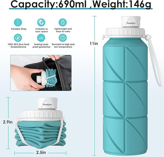 23oz Collapsible Silicone Water Bottle, BPA Free, Portable for Hiking, Travel, Camping, Yoga, Foldable, Leakproof, Lightweight, 690mL