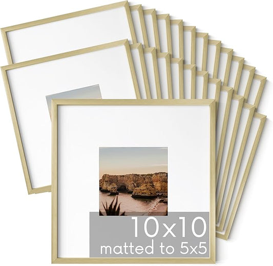 HAUS AND HUES 10x10 Gold Metal Picture Frames Matted to 5x5 - Features Premium Aluminum & Hanging Hardware, Shatterproof Plexiglass - Ideal for Home, Room, Office (10x10 in, Gold, Set of 25)