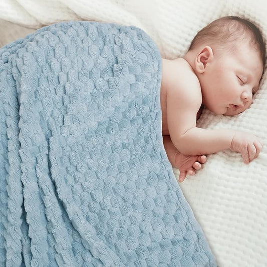 HOMRITAR Baby Blanket for Boys or Girls 3D Jacquard Fluffy Fuzzy Blanket for Infant, Soft Warm Cozy Flannel Fleece Warm Blanket Nursery, Stroller Toddler Bedding (30 x 40 Inch, Blue)