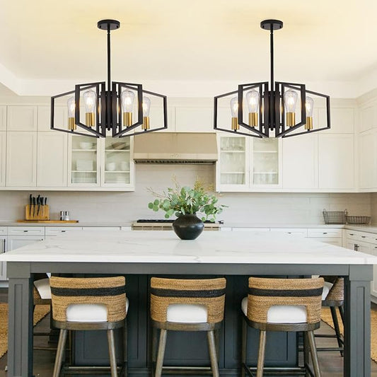 4-Light Black and Gold Chandelier, Lantern Geometric Ceiling Light Fixtures, Dining Room Light Fixtures Over Table, Modern Farmhouse Hanging Pendant Lights for Kitchen Island, Bedroom, Foyer, Entryway