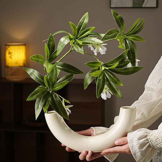 White Ceramic Vases in Nordic Style, Deco Vase for Pampas Grass as Boho Deco, Contemporary Flower Vase with Minimalistic Design for Fresh Flowers(Semicircular)