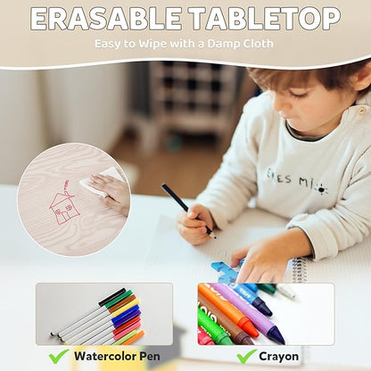 Adjustable Kids Table & Chairs Set for Ages 3-8 | 31.5"x23.6" Easy-Clean Activity Table | Meets ASTM/CPSC Standards for Daycare, Homeschool & Playroom (Natural-Wood, 4 Chairs)
