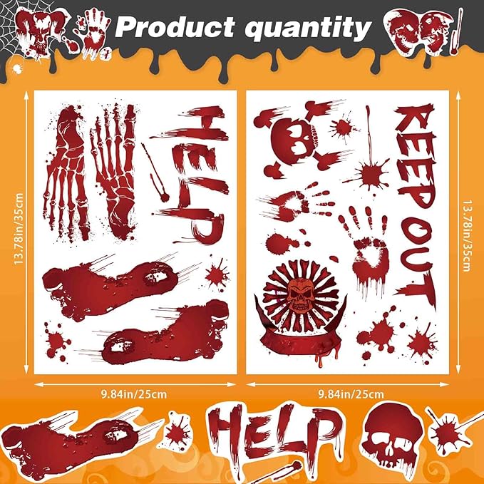 Halloween Wall Stickers, 8 Sheets Bloody Handprint and Footprint Stickers, Scary Halloween Party Decorations, Large Size Door Bathroom Indoor & Outdoor Home Decor
