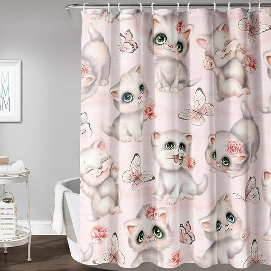 AILONEN Cat Kids Shower Curtain 72" W*72" H for Girls Teen,Kawaii Cat Butterfly Bath Curtain,Girls Pink Shower Curtain,Cat Lover Bathroom Curtain Decor Polyester Waterproof Curtain with 12 Hooks