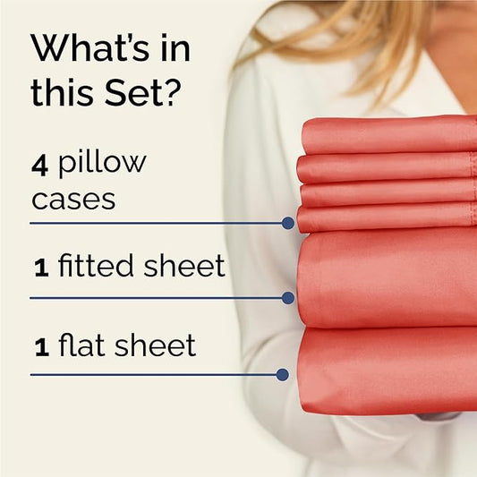 CGK Linens King 6 Piece Sheet Set - Cooling Sheets for Hot Sleepers - Hotel Luxury Bedding Set with 8-16 Inch Deep Pockets - 1 Flat & 1 Fitted & 4 Pillowcases - Soft, Easy Care & Wrinkle Free - Coral