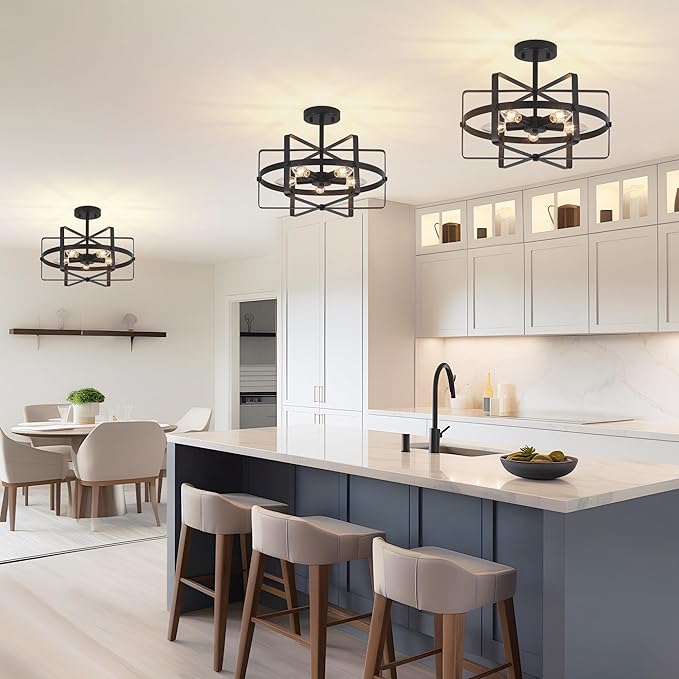 5-Light Black Ceiling Light Fixture, 12.6'' Farmhouse Industrial Semi Flush Mount Ceiling Light, Modern Geometric Metal Ceiling Lamp for Entryway Hallway Kitchen Bedroom Dining Room