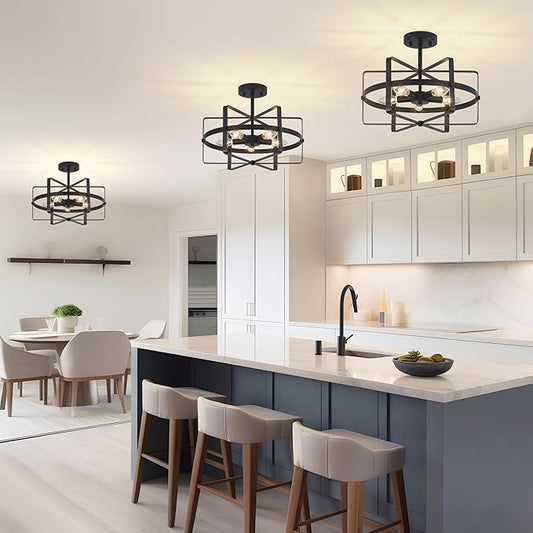 5-Light Black Ceiling Light Fixture, 12.6'' Farmhouse Industrial Semi Flush Mount Ceiling Light, Modern Geometric Metal Ceiling Lamp for Entryway Hallway Kitchen Bedroom Dining Room