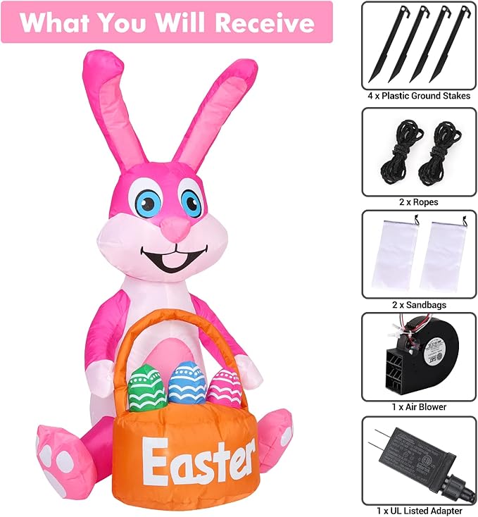 4FT Easter Inflatable Bunny with Egg Blow up Outdoor Yard Decorations - Built-in LED Lights for Easter, Holiday, Party, Yard, Garden, Lawn